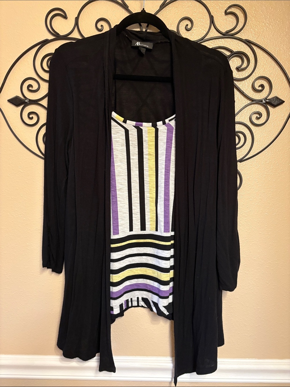 AB Studio Black Open-Front Cardigan with Striped Tank